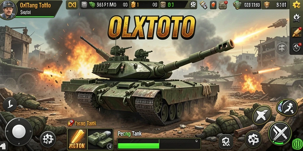 Tampilan antarmuka <strong>OLXTOTO</strong> yang menonjolkan aksi pertempuran tank.