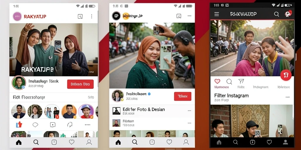Tampilan antarmuka aplikasi RAKYATJP dengan berbagai filter Instagram.