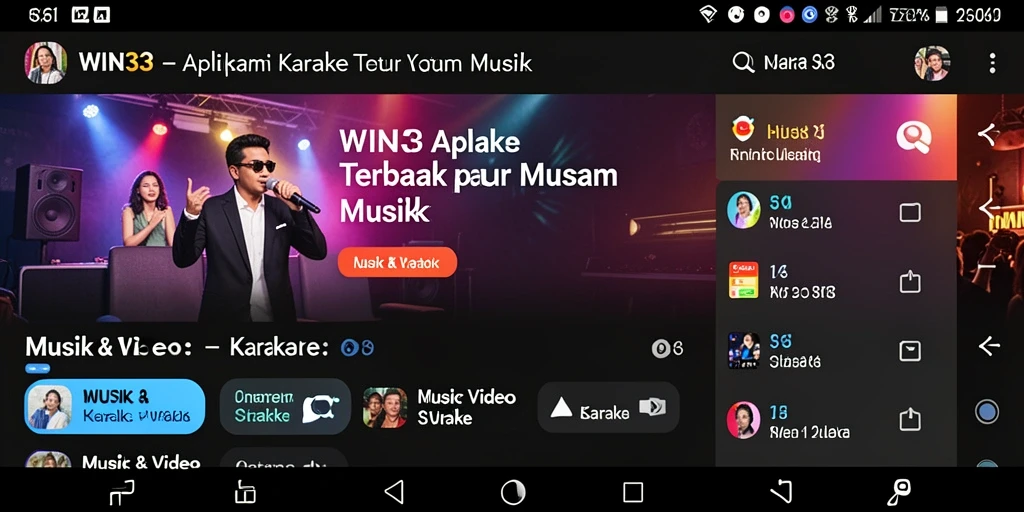 Antarmuka aplikasi WIN33 menampilkan berbagai pilihan lagu karaoke.